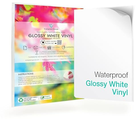 Evergreen Goods 100x A4 papel adhesivo de vinilo blanco brillante (PVC) | papel adhesivo imprimible de inyección de tinta impermeable | hojas de pegatinas con respaldo pegajoso