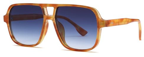 Long Keeper Retro Pilot Sonnenbrille Pilotenbrille Herren Damen Quadratisch Sonnenbrille Groß 70er Klassisch Eckige Pilot Retro Brille UV400 (Orange Schildpatt Rahmen - Farbverlauf Blau Linse)