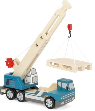small foot Autogru con Pallet in Legno, Veicolo Gioco per Bambini con Gru Girevole a 360° e Accessori, dai 2 Anni, 12639, Colore Coloured
