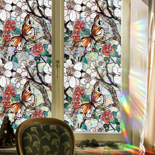 GORGECRAFT 100x43cm Weiße Blumen Regenbogen Sichtschutzfolie Für Fenster 3D Sonnenbeflecktes Fensterglas Dekorativer Fensterschutz Statische UV Beständige Aufkleber Nicht Klebend Wiederverwendbarer Au