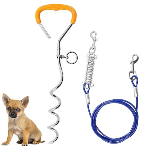 Aleker Dog Tie Out Cable and Stake, Heavy Duty Dog Spikes for Ground, Dog Stake Dog Tether for Camping, Puppy Pet Dog Stake and Dog Leash for Outdoor, Backyard or Camping (1.8m)
