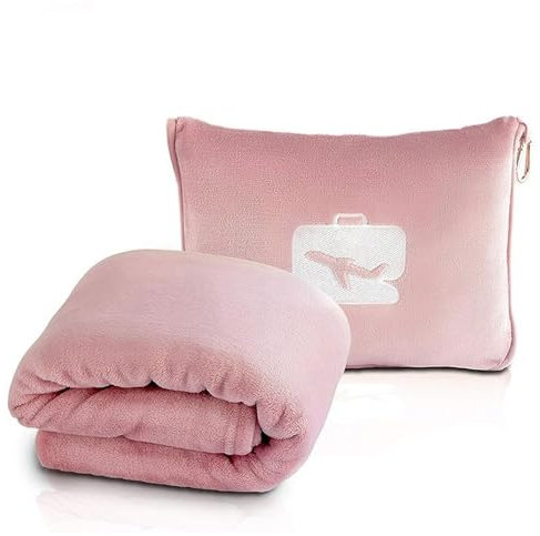 Travel Blanket and Pillow, Ultra Soft 2 in 1 Airplane Blanket with Compact Pillowcase, Luggage Strap, Lightweight Travel Essential, Ideal for Long Flights, Camping, Sunset (Light Pink)