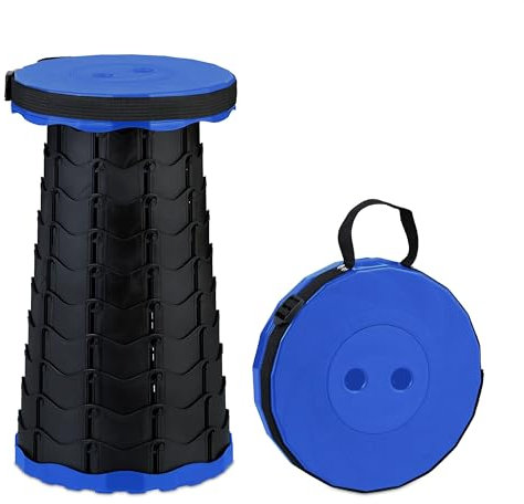 Relaxdays Teleskophocker, faltbar, Tragegurt, Outdoor, höhenverstellbarer Campinghocker, HBT 44,5x25x25 cm, blau/schwarz