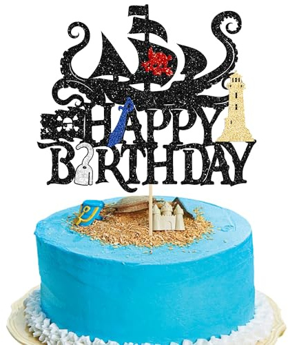 Gyufise 1Pcs Pirates Happy Birthday Cake Topper Pirate Ship Nautical Cake Pick for Pirates Theme Baby Shower Birthday Party Cake Decorations Supplies Gold
