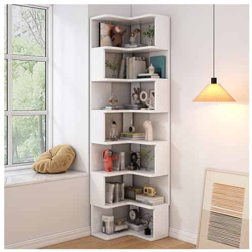 Eck-Bücherregal mit Trennwänden, 7-stöckiges Aufbewahrungsregal, platzsparendes Etagere für kleine Räume, Heimbüro, Wohnzimmer, weißes Finish