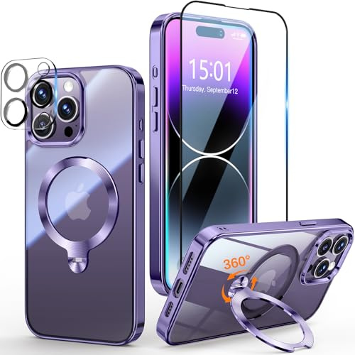 Yoouther 3 in 1 Magnetische Hülle für iPhone 14 Pro Max 6.7 [360° CD Unsichtbarer Drehständer für MagSafe] [Mit Stück Schutzfolie & Kameraschutz] [Nie Vergilbung] Militärschutz Stoßfest, Violett