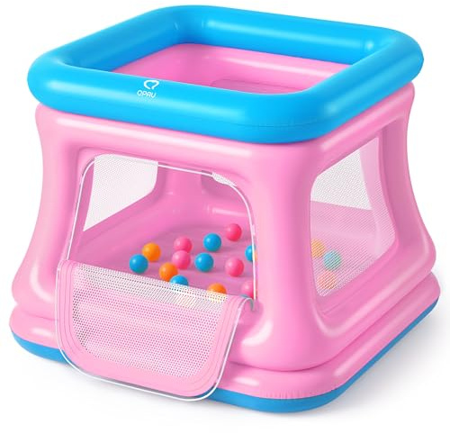 QPAU 3-in-1 aufblasbares Hüpfhaus für Kleinkinder 1-3, Bällebad & Trampolin, aufblasbares Hüpfhaus mit Sicherheitsnetz, Innen- und Außenbereich, Bubble Bouncer, Baby-Spielhof (Blau & Pink)