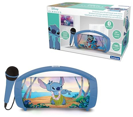 Lexibook, Disney Stitch, Enceinte Haut-Parleur sans Fil Lumineuse avec Micro, Son stéréo, Fonction karaoké, Ports USB et Carte SD, Batterie Rechargeable, Poignée de Transport, Bleu, BTP585DZLXB