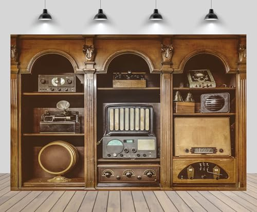 CHNBGPRO 1.5x1.2m Vintage Radio Wooden Cabinet Backdrop Boombox Retro 80s Wooden Shelves Background Back to 90s Old-Fashioned Music DJ Antique Audio Disco Music Party Banner Photo Studio Props