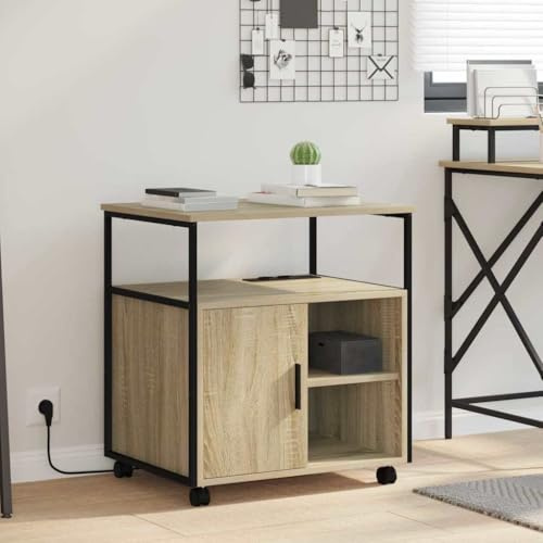 Foknhdi Büroschrank mit Ladestation Sonoma Eiche 61x46x67 cm Holzwerkstoff Stabiler Stahlrahmen 4 Fächer auf Rollen Modernes Design für Homeoffice Büro Flur Schlafzimmer