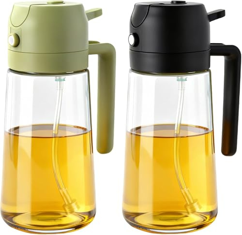 AMOYOX 2Pack Glass Oil Sprayer for Cooking 16oz/470ml, 2 in 1 Oil Dispenser with Label Stickers & Portion Control, Kitchen Gadget for Air Fryer, Salad, BBQ, Frying(Black+Green)