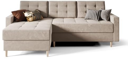 O-Sofa Ecksofa BARI RN01, Eckcouch in L-Form mit Schlaffunktion, Farbe: Beige, Velourstoff, Ottomane Links