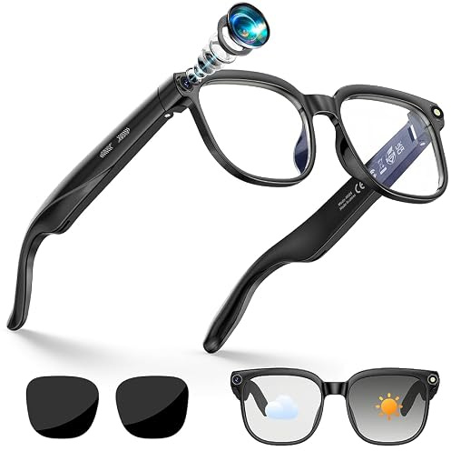 Haulvean AI Smart Glasses, Brille mit 800 W Kamera, 2 Paare Brillengläser, 1080P HD Video und Audiorecording mit Bildstabilisierung, Musikwiedergabe/Bluetooth-Anrufe/AI-Assistent/Echtzeitübersetzung