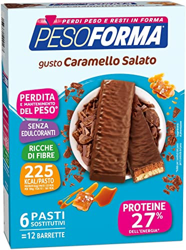 Pesoforma Barrette Caramello Salato, Pasto sostitutivo proteico, Barrette per il controllo del peso, Barrette proteiche per restare in forma, Solo 225 calorie, 12x31g
