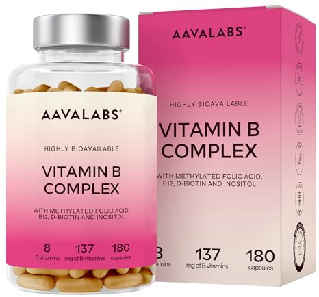 Vitamina B Complex Alto Dosaggio Vegan | 180 Capsule [6 Mesi] Vitamine B: Vitamina B1, B2, B3 (Niacina), B5, B6, B8 (Biotina), Vitamina B12 e Acido Folico Attivo (B9 Metilfolato), Inositolo e Colina