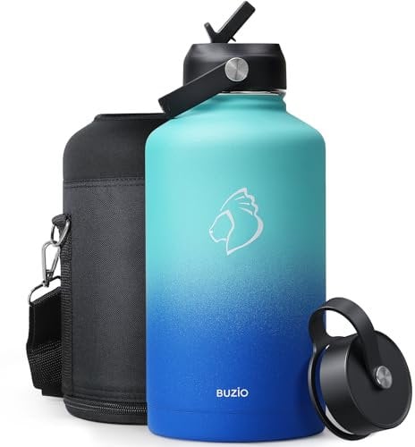 Insulated Water Bottle with Straw 2L, BUZIO Stainless Steel Water Bottle with Straw Lid and Flex Cap Cold for 48 Hrs, Hot for 24 Hrs Double Wall Wide Mouth BPA Free Leak Proof, Pacific Dream
