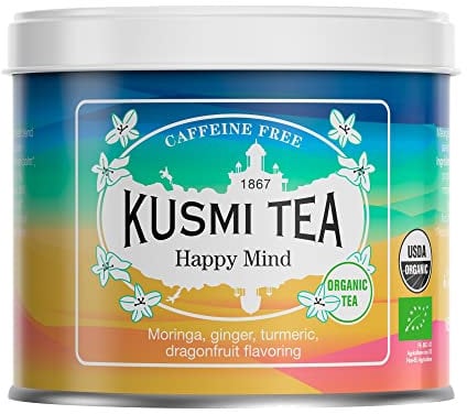 Kusmi Tea - Happy Mind - Infusion Bio - Mélange de Plantes, Épices et Pomme - Saveur Fruit du Dragon et Citron - Tisane Bio sans Théine - Boîte Thé Métal 100g - Quantité pour environ 50 Tasses