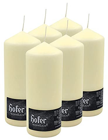 Hofer - Stumpenkerzen Säulenkerzen - 6 Stück - Farbe Elfeinbein - 8 x 20 cm – Lange Brenndauer: 80 Stunden - Ohne Duft, Tropffrei Wachskerzen, Hergestellt in Österreich