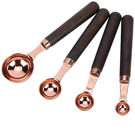 Measuring Spoon, 4Pcs/Set Stainless Steel Measuring Spoon Set Kitchen Accessories Rose Gold with Wood Handle Bakeware for Baking Coffee Tea, Measure Tool