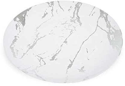 Pack of 10 White and Silver Hard Plastic Reusable Salad Plates ~ Marble Design Plastic Dinnerware-Ideal for Weddings and Parties (10 Plates)