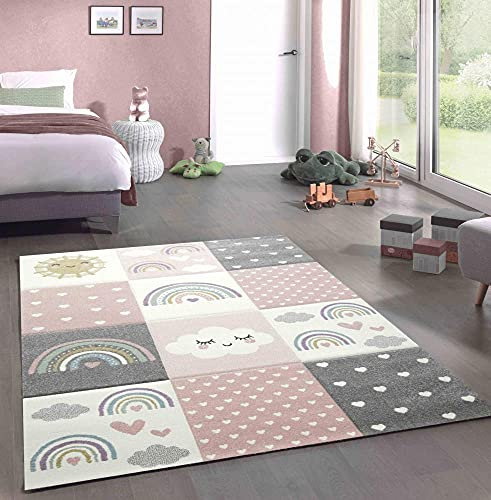CARPETIA Spielteppich Kinderzimmer Teppich Herzchen Wolken Regenbogen Punkte rosa Creme grau Größe 120x170 cm