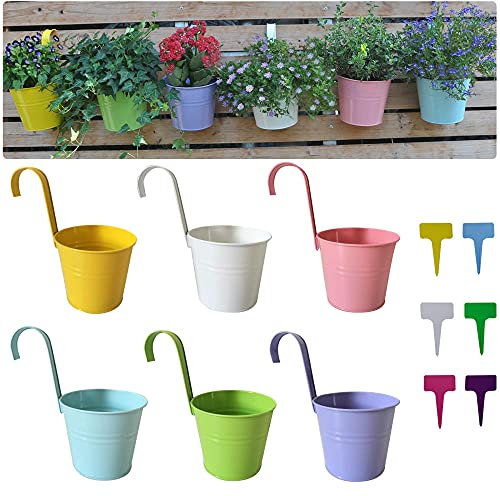 KMVIZI Vasi da Appendere Esterno Grandi - Colorati Vaso per Piante Fiori in Metall, Fioriera con Foro e Gancio Rimovibile, Portavasi per Balcone, Ringhiera, Giardino (16x12x26 cm con 6 Pezzi)