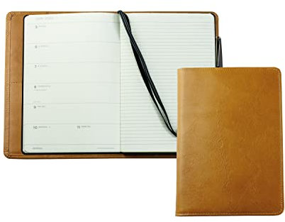 DELMON VARONE - Personalisierbares Kalenderbuch 2025 + 2026 DIN A5 Anilin Leder braun - Organizer Wochenplaner (1 Woche 1 Seite) - Buch-Kalender Echtleder Einband - Notizbuch Planer Stiftschlaufe