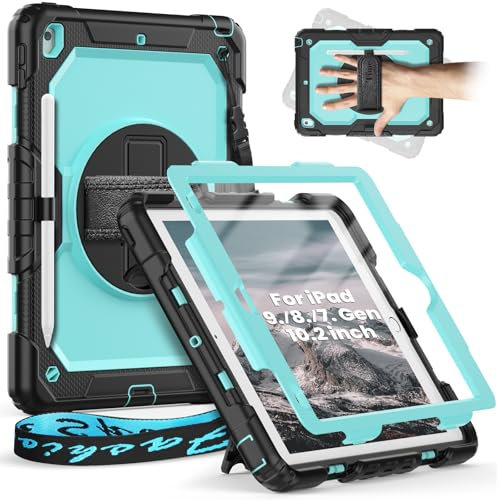 Timecity Case for iPad 9th/ 8th/ 7th Generation 10.2 inch - Heavy Duty Protective Cover with Screen Protector, Rotating Stand, Shoulder Strap & Pencil Holder | Kids-Friendly, Light Blue