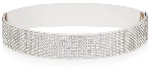 YooAi Strass Elastischer PU Ledergürtel Glänzender Kristall Stretch Taillengürtel Breiter Taillenbund für Damen Kleid 70cm Weiß