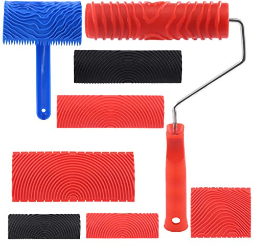 Tanstic 8-teiliges Malwerkzeug-Set für Holzmaserung, rot, schwarz, blau, Gummi, Holzmaserung, Werkzeug und Gummi, Empaistische Holzstruktur, Muster Walze mit Griff für Wand, Boden, Möbel
