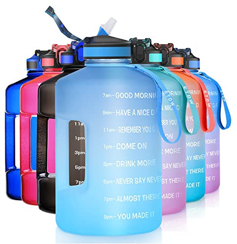 ETDW 3.78 Litre Big Water Bottle with Straw and Handle, 3.78L Motivational Water Bottles with Time Marker, Big Carry-able Sports Water Bottle for Fitness Yoga Traveling Weight Loss BLUE BLUE