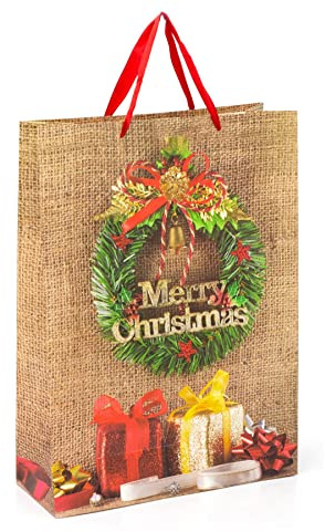 XL Extra Large Christmas Gift Bag 45 x 33cm | Traditional Christmas Wreath Glitter Paper Gift Bag | Christmas Present Bag Xmas Gift Bag