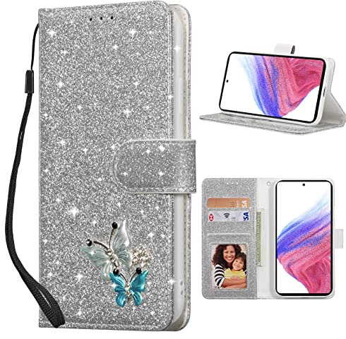 UEEBAI Klapphülle für Samsung Galaxy A53 5G, PU Lederhülle Glitzer 3D Schmetterling Flip Cover Standfunktion mit Kartenfach Schutzhülle Diamant Glänzende Geldbörse Handschlaufe Etui - Silber