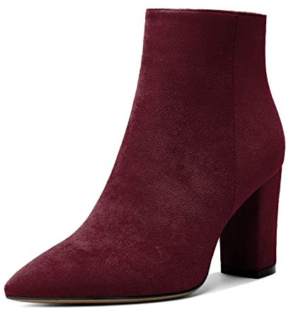 AUMOTED Stivaletti da donna con tacco alto a blocco, punta a punta, stivali corti con cerniera laterale, caldi, 8,6 cm, Camoscio bordeaux., 38 EU