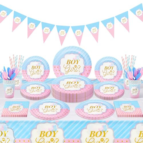 Ensemble de vaisselle de fête de révélation du sexe – 114 pièces pour garçon ou fille, assiettes, serviettes, pailles, nappe, bannière, fournitures de table, décorations de fête prénatale