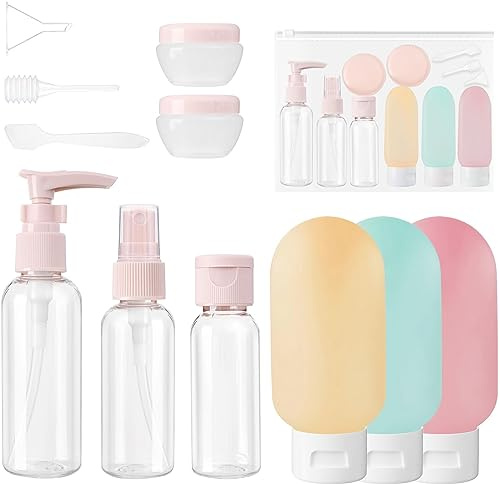 VIDIND Lot de 12 bouteilles de voyage pour articles de toilette - En silicone - Étanches - Rechargeables - Accessoires de voyage compressibles - Pour shampooing, après-shampoing, lotion, lavage du