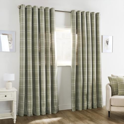 OHS 2 Panel Eyelet Curtains for Living Room Bedroom, Soft Luxury Woven Check Blackout Thermal Curtains Modern Fully Lined Curtain for Window Treatment 90 x 90, Sage Green