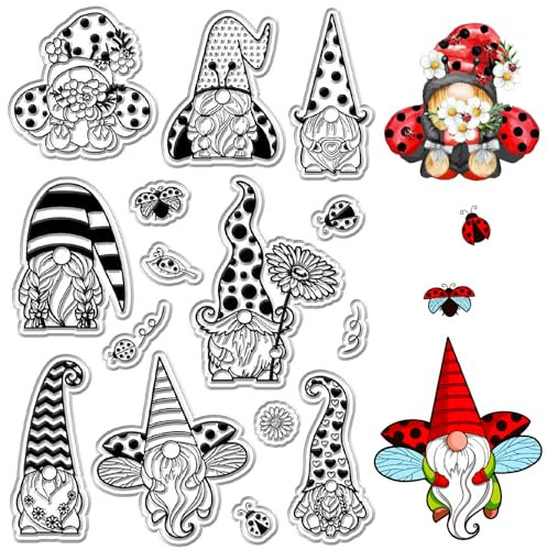 craspire GNOME Clear Stamps Zwergelfe Marienkäfer Wiederverwendbarer Poststempel Transparente Silikonstempelsiegel Für Journaling Kartenherstellung Dekor DIY Scrapbooking Filmrahmen Fotoalbum