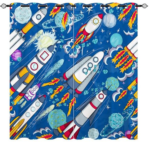 YUANZU Rakete Vorhänge Kinder Raum Kosmisch Planet Sterne Ösen Gardinen mit Blickdichte Vorhang Kälteschutz Blackout Curtain Kinderzimmer Schlafzimmer Verdunkelung Fenster, 2 Stück, H 260 x B 200 cm