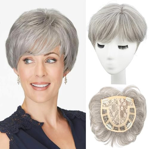 PORSMEER kleine haarteile für dünnes haar blond-grau,Haar-Topper für Damen Kurze Pixie Topper Haarteile Synthetische für dünnes Haar Clip In Wiglet mit Pony Haarvolumen hinzufügen(Silbergrau)