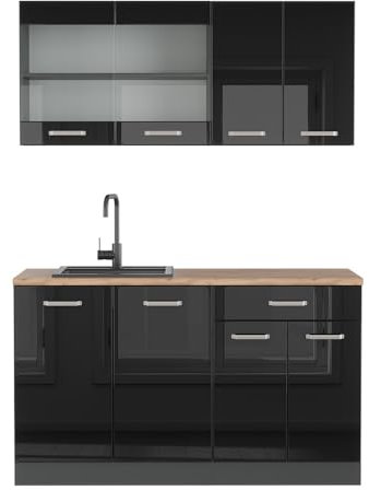 Vicco Singleküche R-Line, Schwarz Hochglanz/Anthrazit, 140 cm, AP Eiche