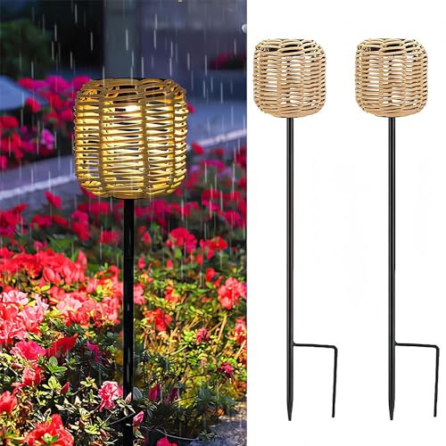 Solarlampen für Außen 2 Stück Vintage Solarleuchten für Garten IP65 Wasserdicht Outdoor Solar Gartenleuchten aus Rattan 3000K Warmweiß Außenleuchte für Rasen Terrasse Hof Patio Gehweg Deko Geschenke