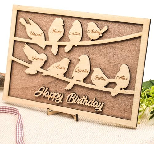 Cadre photo de famille en bois, arbre généalogique avec jusqu'à 9 prénoms personnalisés sur des oiseaux, idée cadeau fête des grand-mères, Mamie, Maman, Papa décoration