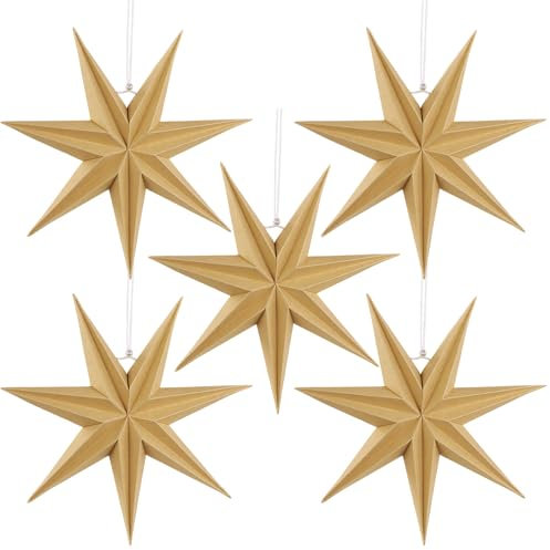 SUNBEAUTY 5 Stück Papiersterne Deko Set 30cm Original Holzfarbe Faltstern Weihnachten Dekoration 7 Zacken Papier Faltsterne Christmas Party Deko für Hochzeit Geburtstag Tischdeko Weihnachts dekoration