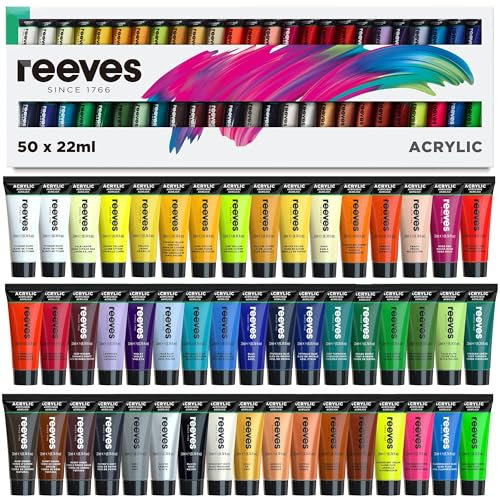 Reeves Acrylfarben Set - Hochpigmentierte Farben für Hobbyisten, Künstler & Anfänger - 50 Stück, 22ml