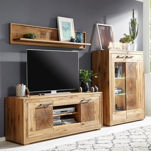 Lomadox Wohnmöbel Set Wohnwand Wildeiche massiv geölt montiert 3-teilig Modern, Highboard, Wandboard, Lowboard