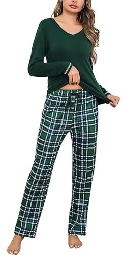 Litherday Pyjama Femme Hiver Ensembles de Pyjama Femme Coton Col en V Vêtements de Nuit à Manches Longues Imprimé à Carreaux Automne Vêtement d'Intérieur Vert Foncé M