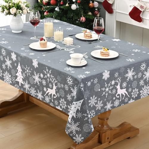 Alishomtll Weihnachten Grau Tischdecke, Schneeflocke Elch Weihnachtsbaum Quadratisch Tischdecken, Wasserabweisend Abwaschbar Tischtuch, Winter Party Festliche Deko Tischwäsche 140x140 cm