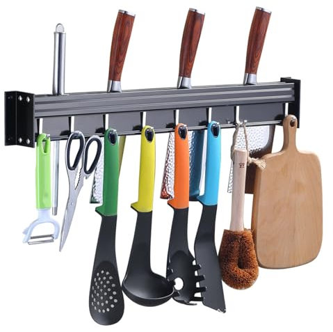 JCAKES Kitchen Soporte Utensilios Cocina 40 cm,Colgador Utensilios de Aluminio con 8 Ganchos Móviles,Soporte de cocina,Gancho de cocina, Sostenedor de Utensilios Cocina para Cocina/baño (Negro)