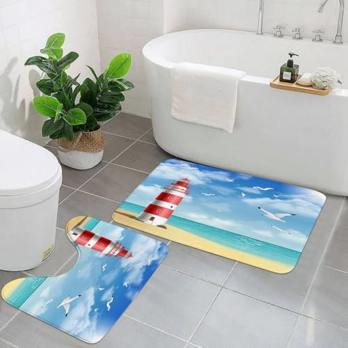 EYLOZS Badezimmerteppich Set 2 Teilig Waschbar rutschfeste Badematte Toilettenmatte Weich Saugfähige Badteppiche,Leuchtturm am Strand
